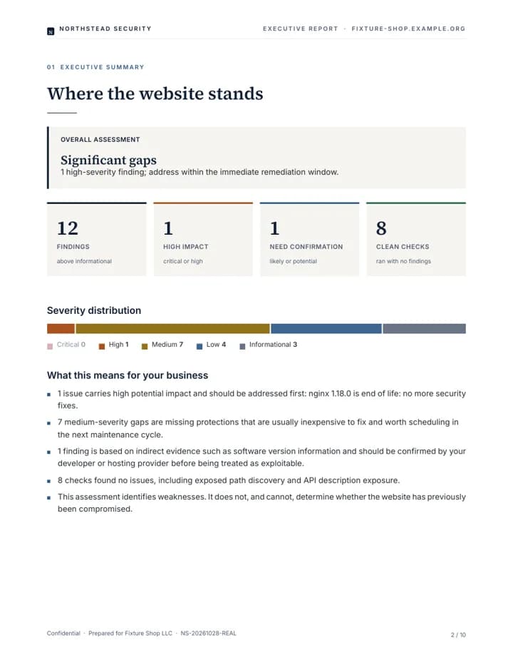 Executive summary page of a sample report